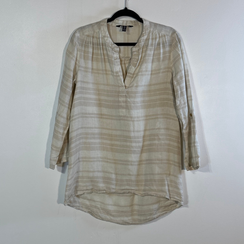 Ellen Tracy Brown White Striped Linen Tunic Top Women’s Medium V-Neck Roll Tabs